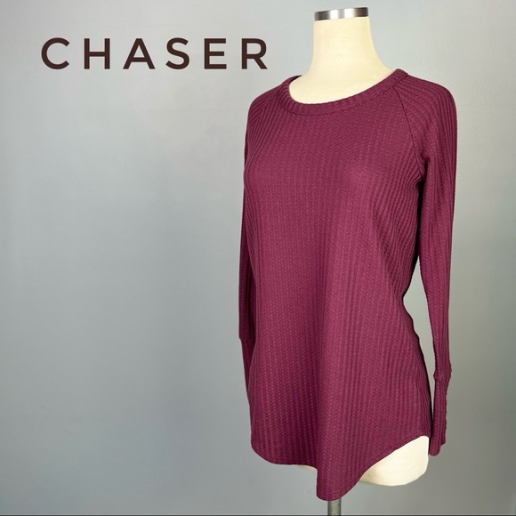CHASER - Long sleeve Plum Waffle weave Button Cuff Shirt Small Burgundy Thermal - Picture 9 of 13